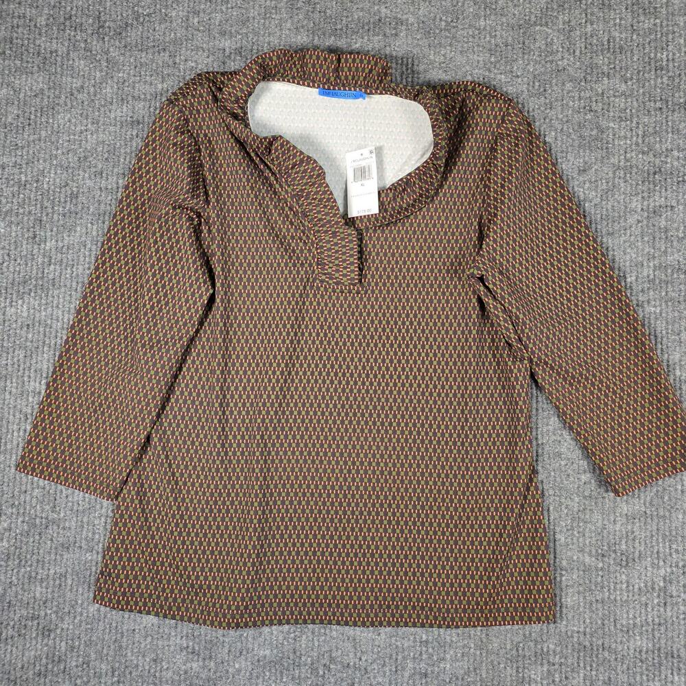 J McLaughlin Durham Tunic Top XL Brown Olive Geometric 3/4‎ Sleeve NWT